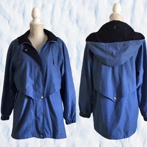 Worthington Hooded Windbreaker Jacket Blue & Navy Blue Front Zipper & Snaps